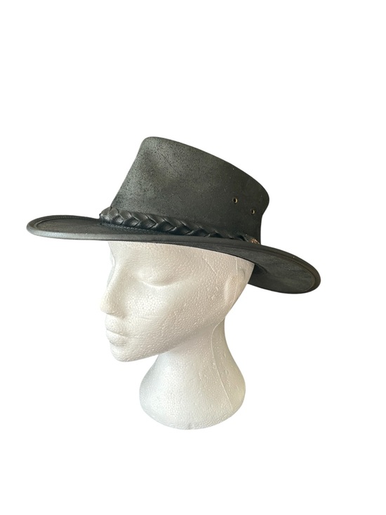 Australia’s leading leather hat Accessories - Black Leather Outback Hat Braided Band Handmade Australia